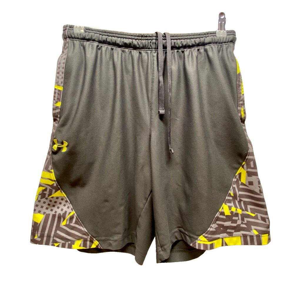 Under Armour Activewear Shorts Men's Medium Grey Neon Yellow 9" Inseam Casual GC